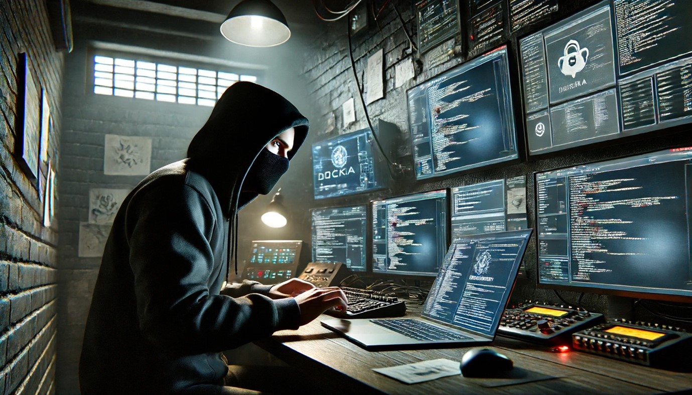 A hacker in a dimly lit room, wearing a hoodie and mask, is surrounded by multiple computer screens displaying lines of code and security symbols.