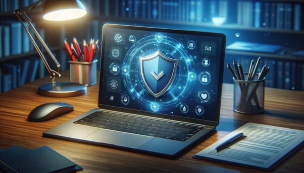 A laptop on a wooden desk in a dimly lit office, displaying a digital shield icon surrounded by various security icons, symbolising cybersecurity protection. The scene includes a desk lamp, pencils, and office supplies.