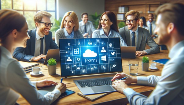 A photorealistic image of a group of smiling people working on laptops and tablets, with the Microsoft Teams logo and the text "Work better together" on the screen.